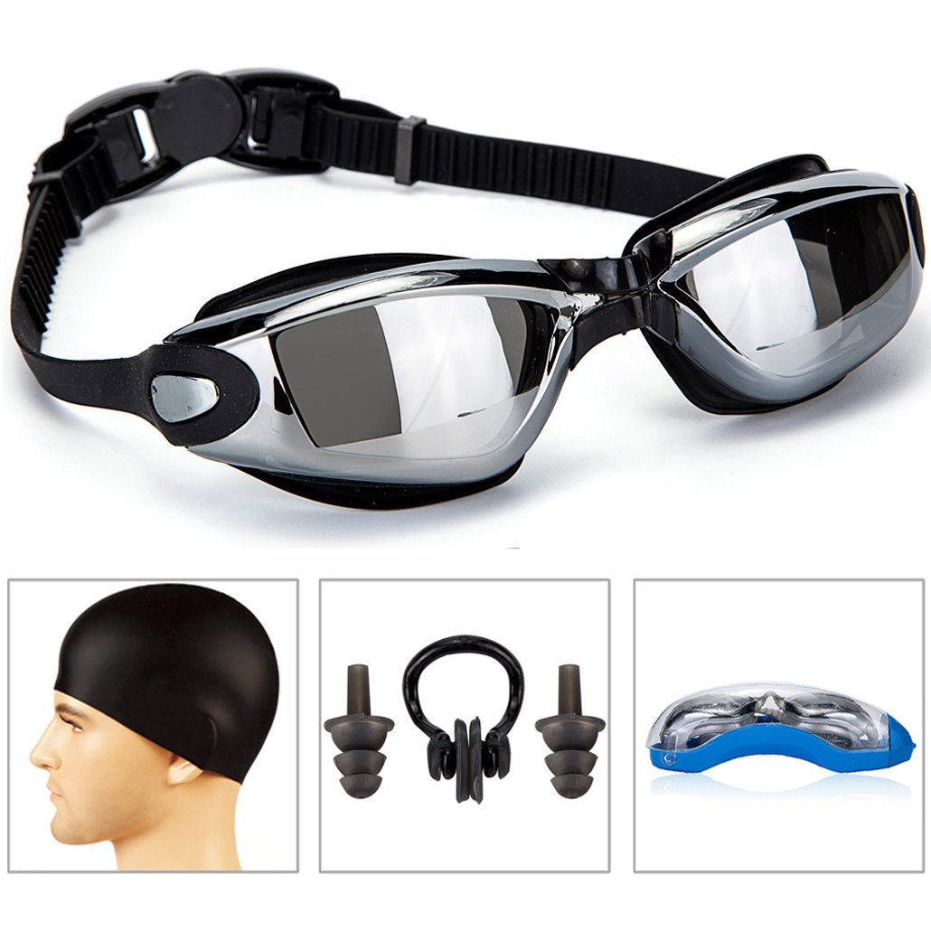 UV Protection Anti Fog Toyofmine Swimming Goggles with Siamese Ear Plugs Black Best Swim Goggles 